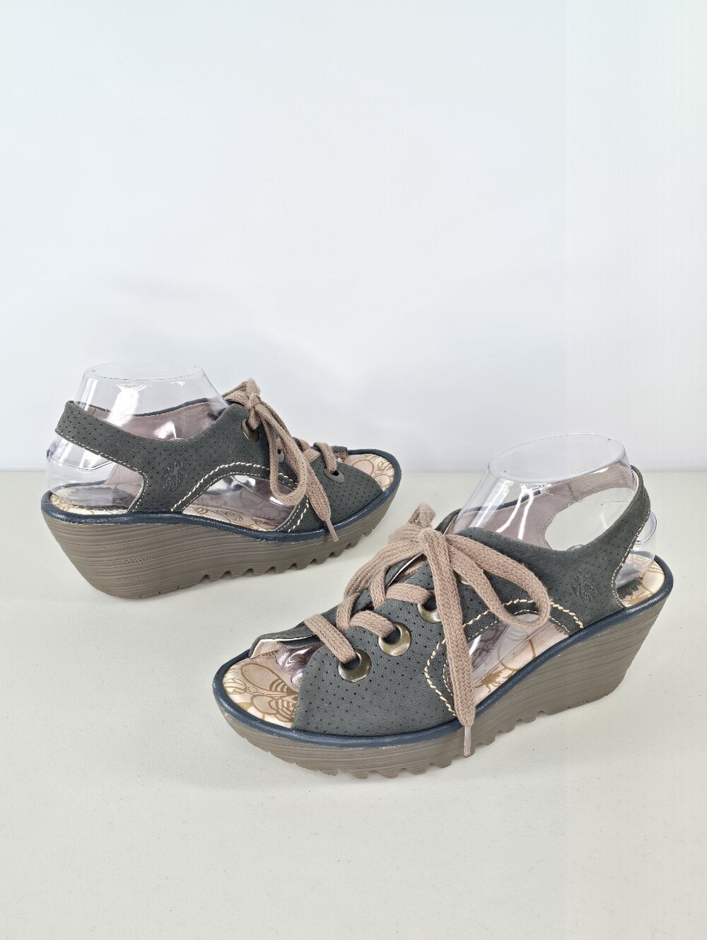 Fly London Ylva Blue Green Perforated Leather Lace Up Wedge Sandals EU 39 8-8.5
